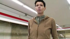 Slender looking German girl pleasing a thick cock in the warehouse