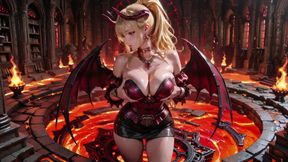 Lava Throne! Blonde Demon Queen Kneels & Spreads Her Wings, Lazy Tease with a Glass.
