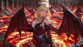 Lava Throne! Blonde Demon Queen Kneels & Spreads Her Wings, Lazy Tease with a Glass.