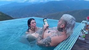 Latina bitch swims and blows her man's cock all at once