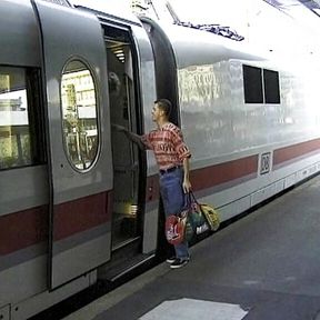 Hot German blonde with amazing round tits gets to please a dude on a train