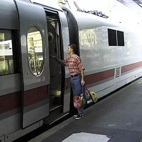 Hot German blonde with amazing round tits gets to please a dude on a train