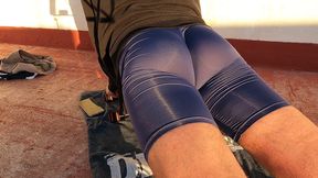 Fitness Instructor in Tight Spandex Gets Erect While Stretching (precum)