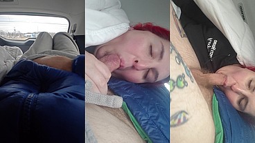 MtF Asian American redhead shemale cum slut ImpregnableLexa sucks and fucks in public in the back of a car in a gas station parking lot