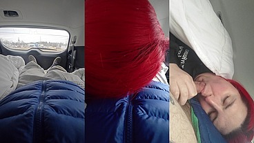 MtF Asian American redhead shemale cum slut ImpregnableLexa sucks and fucks in public in the back of a car in a gas station parking lot