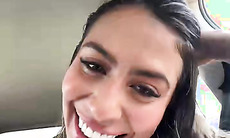 Hot Latina Babe Flashes Abs and Smiles in Car and Beach Selfies