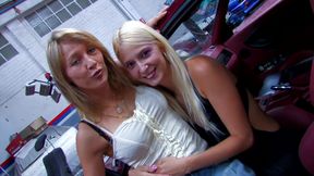 Two gorgeous babes get fucked by an auto mechanic
