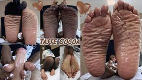 Taste Cocoa gets a huge warm load on her wrinkled soles!