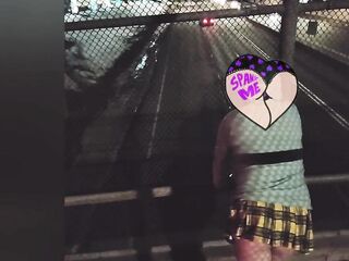 Shy sissy flashing on public bridge and around town