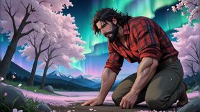 Rugged Outdoorsman Kneeling in Zen Garden at Dawn with Cherry Blossoms