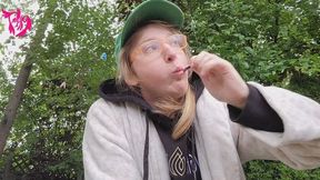 Toothpaste bubbles and teeth brushing outside with spitting and gargling