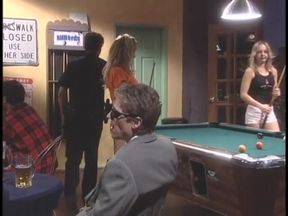 Busty blonde gets her asshole fingered and pool stick shoved in her pussy