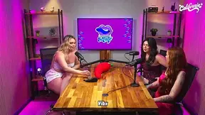 Hot blonde plays with big dildos during live podcast session