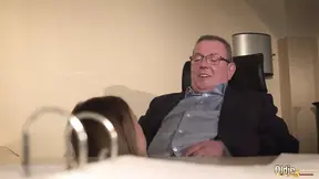 Office temptress catches coworker sucking old boss's cock under the desk