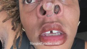 Big Snotty Nose – Extreme Close Up Nose Blowing, Sneezing, & Snot Fetish with Ebony Giantess Temptress Mango