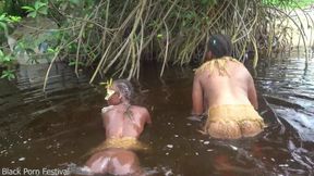 Lucky African villager enjoys sexy skinny and busty babes in the forest
