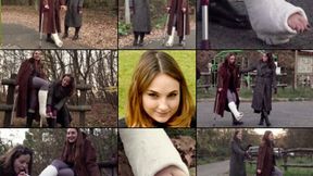 Ophelia Winter Park Crutching Warm Hands on Cold Toes