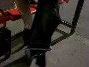 Public strip and dildo fuck at bus stop