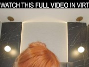 Hot redhead Lola Red plays with a huge dildo on the bed in VR.