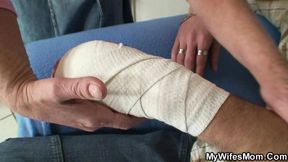 Hairy blonde mother-in-law riding very big meat