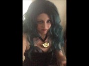 Goth e-thot unboxes and tries on Ursula cosplay