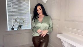 Brown Leather Pants Teal Satin Tease!