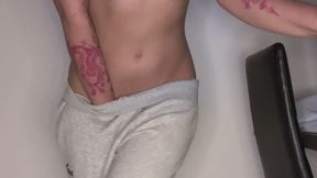 Desperately pissing my trainer pants and masturbating my pussy after releasing my full bladder