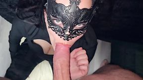 Close-up cum in mouth for a slutty MILF in a black mask. That's the biggest amount of cum in her mouth