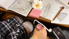 College GF jerks his cock under the table in class