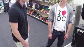 Handsome young stud spitroasted by BDSM pawn brokers