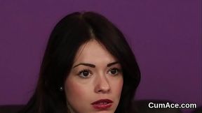 Frisky centerfold gets cum shot on her face eating all the cream