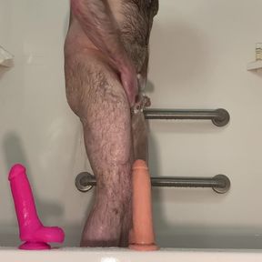 Scrub down in shower before getting dicked down with toy