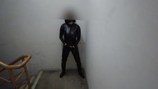 latex bodysuit sissy masturbate staircase