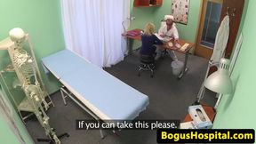 Skinny patient squirts while doc fingers vag