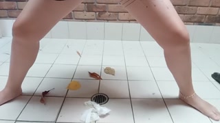 Bright red panties+ pissing on the public toilet floor