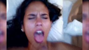 Cute whore, brunette, slim, magnificent hair, delicious, with her face covered in cum