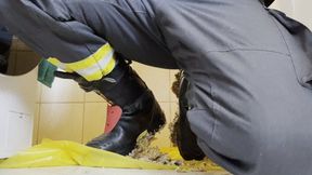 Firefighter taking off Boots and Socks after Stomp