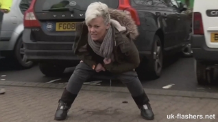 Short Hair British MILF Flashing and Pissing all Over Town for UK-Flashers