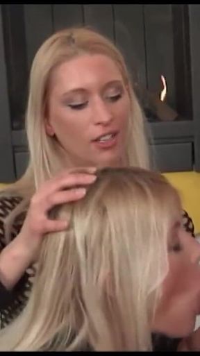 Sexy blondes pussy fucking cock sucking threesome in latex dress