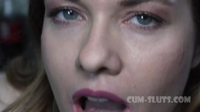 Pretty girl with fake boobs swallows huge cock cum