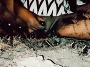 Slutty transsexual masturbates filling her pussy with mud