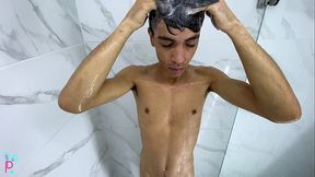 MILK GAMES IN THE SHOWER: LATINO PLEASURES HIMSELF WITH TOYS UNTIL TOTAL ORGASM