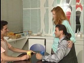 Blonde girl gets hairy pussy fucked hard as se sucks another dick to a cumshot