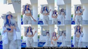 Smoking marlboro reds by my private pool in my suite in Punta Cana wearing an all white beach outfit!