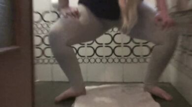 BBW Euro cutie squirts then pisses in leggins no mercy