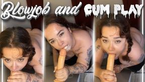 POV sloppy dildo blowjob, throat pie and cum play - ejaculating dildo and fake cum