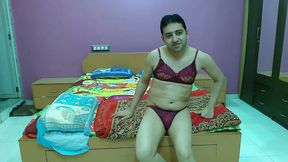 Sissy crossdresser femboy Sweet Lollipop with a silky-smooth body in pink lingerie with maroon bra-pantie set inside it.