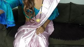 Horny stepmom wearing sexy satin saree