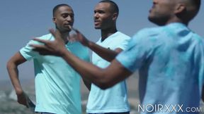 Group of dark dudes including Aaron Reese indulge in cock sucking and anal sex