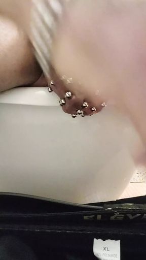 Added more 6 gauge piercings to my scrotum,  slid my finger down my urethral using my precum